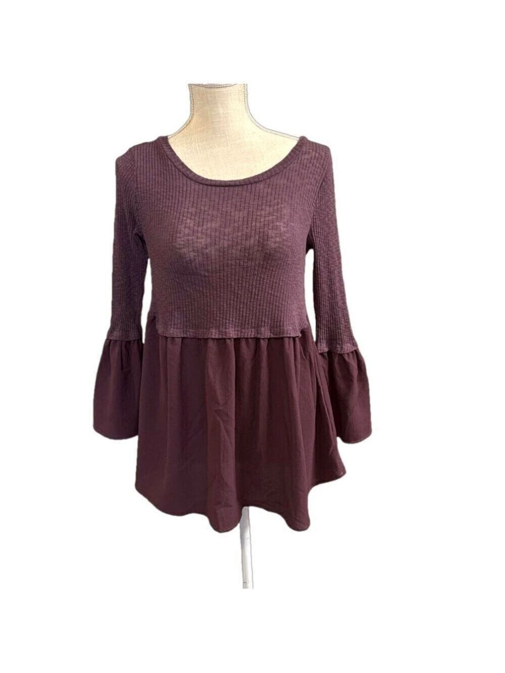 Women's Altar'd State Purple Boho Bell Sleeve Top Mixed Media Fabric. Size M